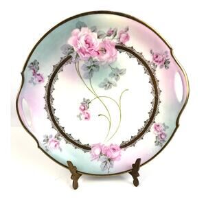 Antique Bavaria Germany Hand-Painted Porcelain Cake‎ Plate Double Handle Roses